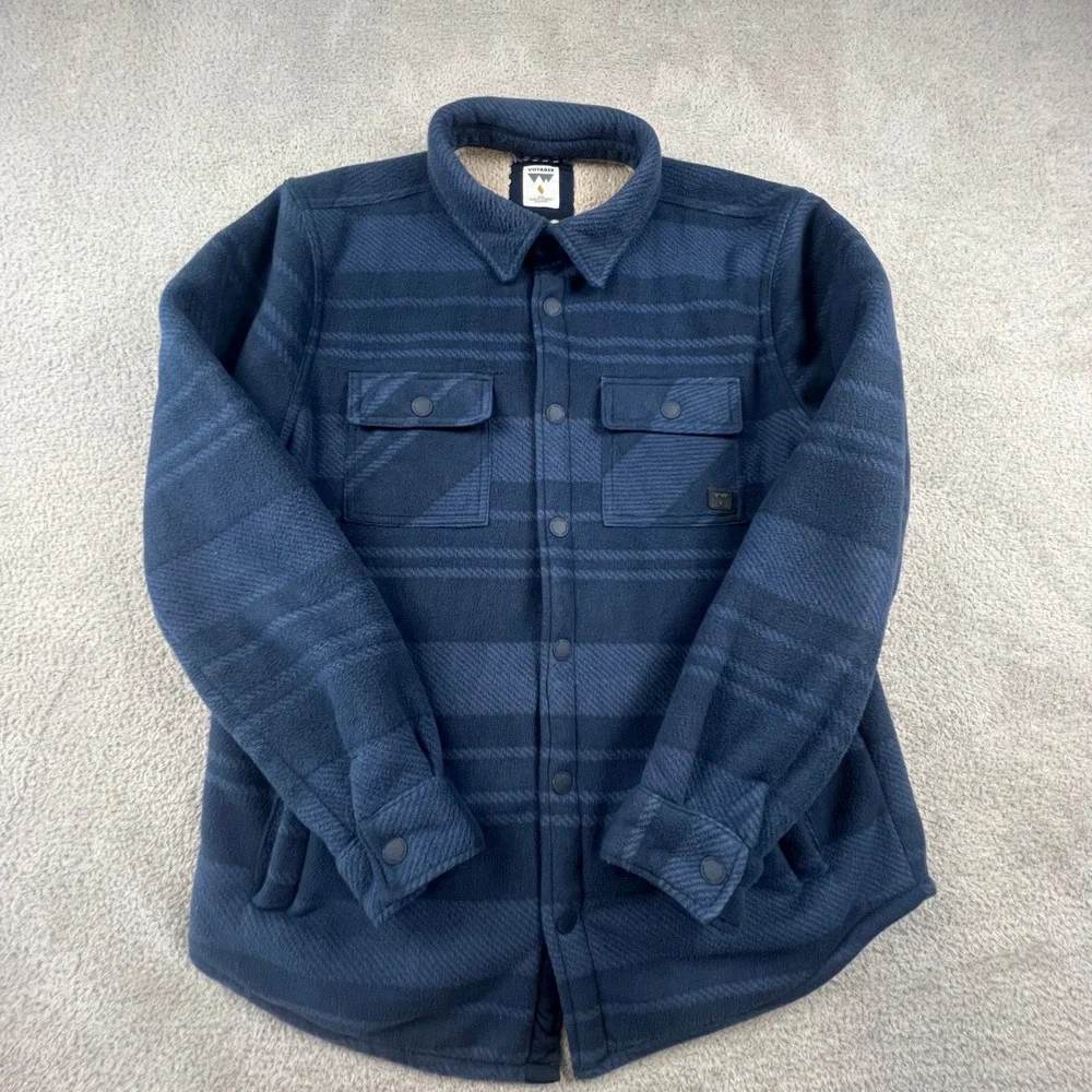 Voyager Mens Blue Striped Sherpa Lined Fleece Shirt Jacket‎ Shacket Medium